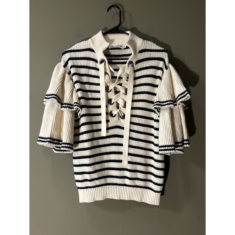 Self Portrait Womens Wool Blend Striped Rib Knit Lace Up Sweater Sailor Sz Med